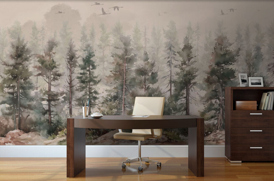 Wall murals Watercolor of trees and birds flying over a foggy forest - Image 2