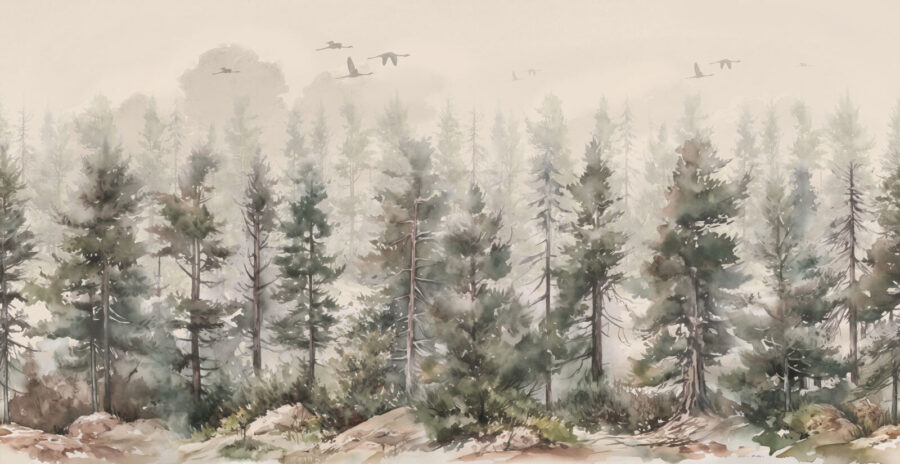 Wall murals Watercolor of trees and birds flying over a foggy forest - Image 5