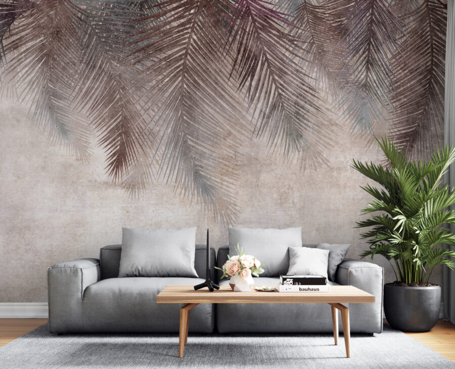 Muted palm leaves on textured background.