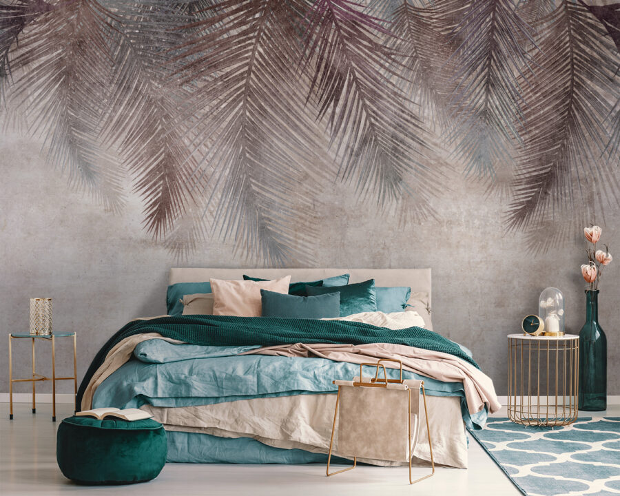 Muted palm leaves on textured background.