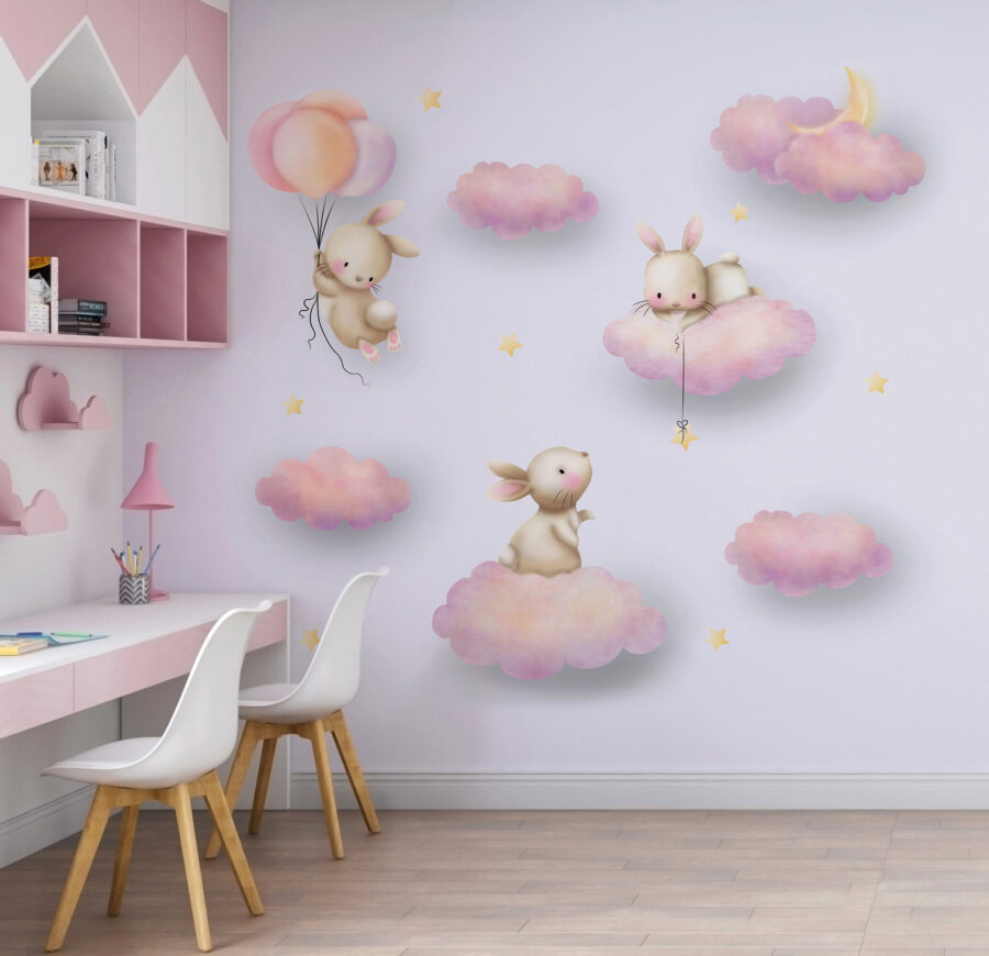 Group of rabbits on clouds