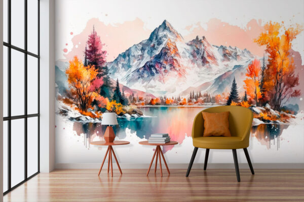 Watercolor painting of a mountain and a lake Watercolor painting of a mountain and a lake