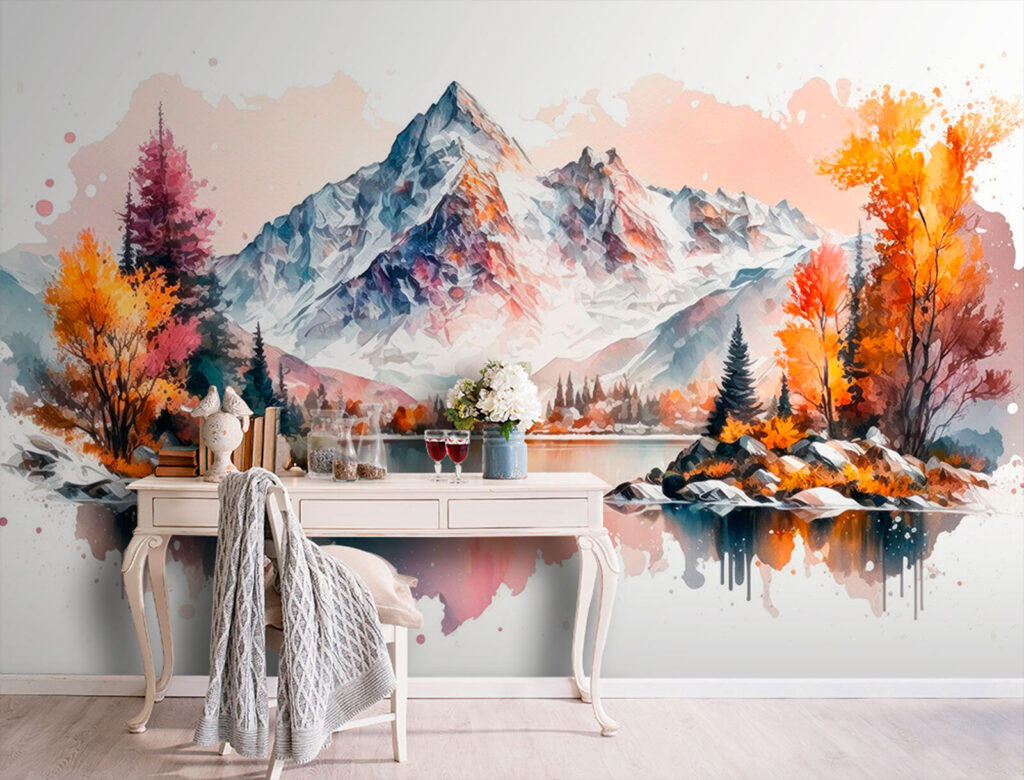 Watercolor painting of a mountain and a lake