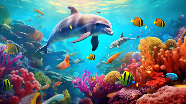 Dolphin swimming in a coral reef Dolphin swimming in a coral reef