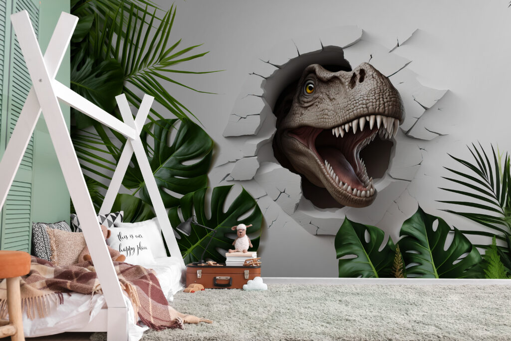 Dinosaur head coming out of a hole in a wall