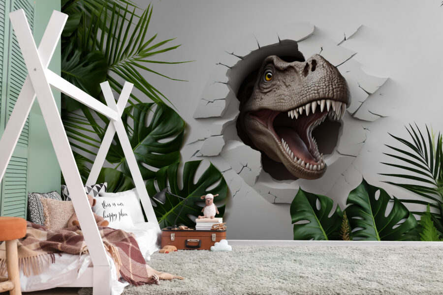 Dinosaur head coming out of a hole in a wall