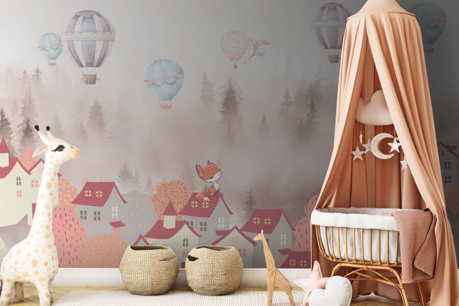 Cartoon of a fox on a rooftop of a town with hot air balloons