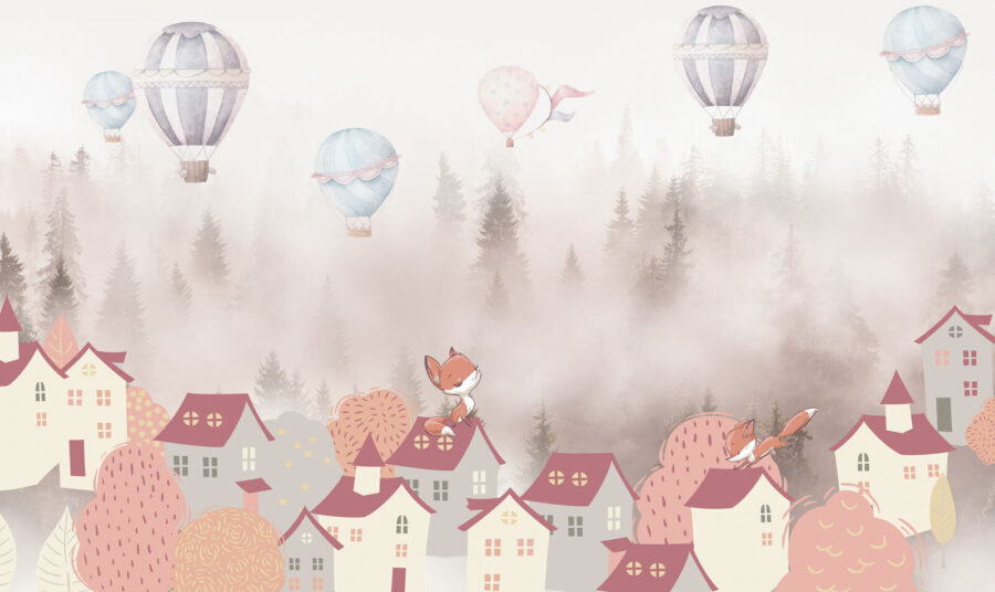 Cartoon of a fox on a rooftop of a town with hot air balloons