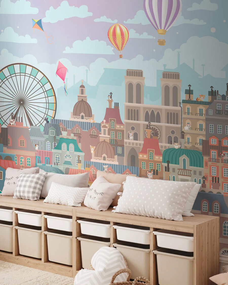 City with a ferris wheel and hot air balloons