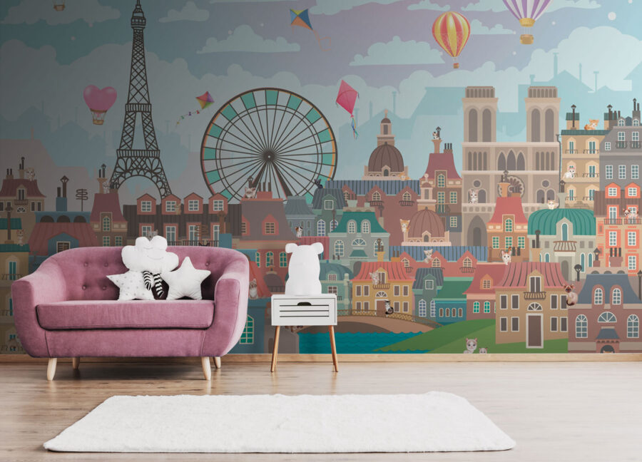 City with a ferris wheel and hot air balloons