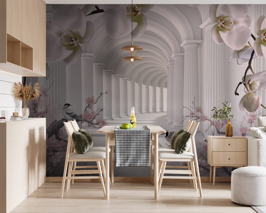 White archway with white columns and birds White archway with white columns and birds