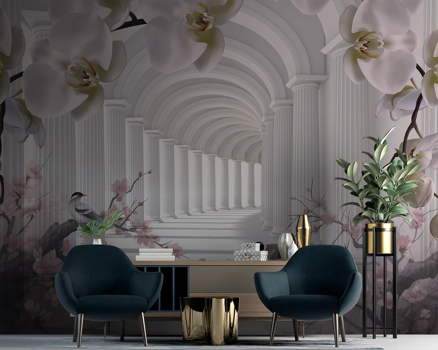 White archway with white columns and birds White archway with white columns and birds