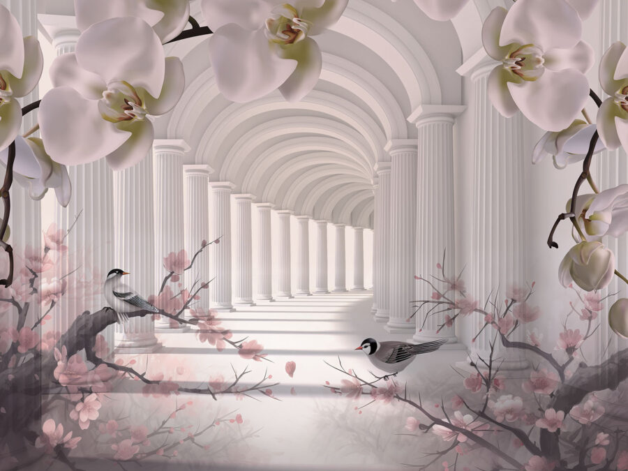 White archway with white columns and birds