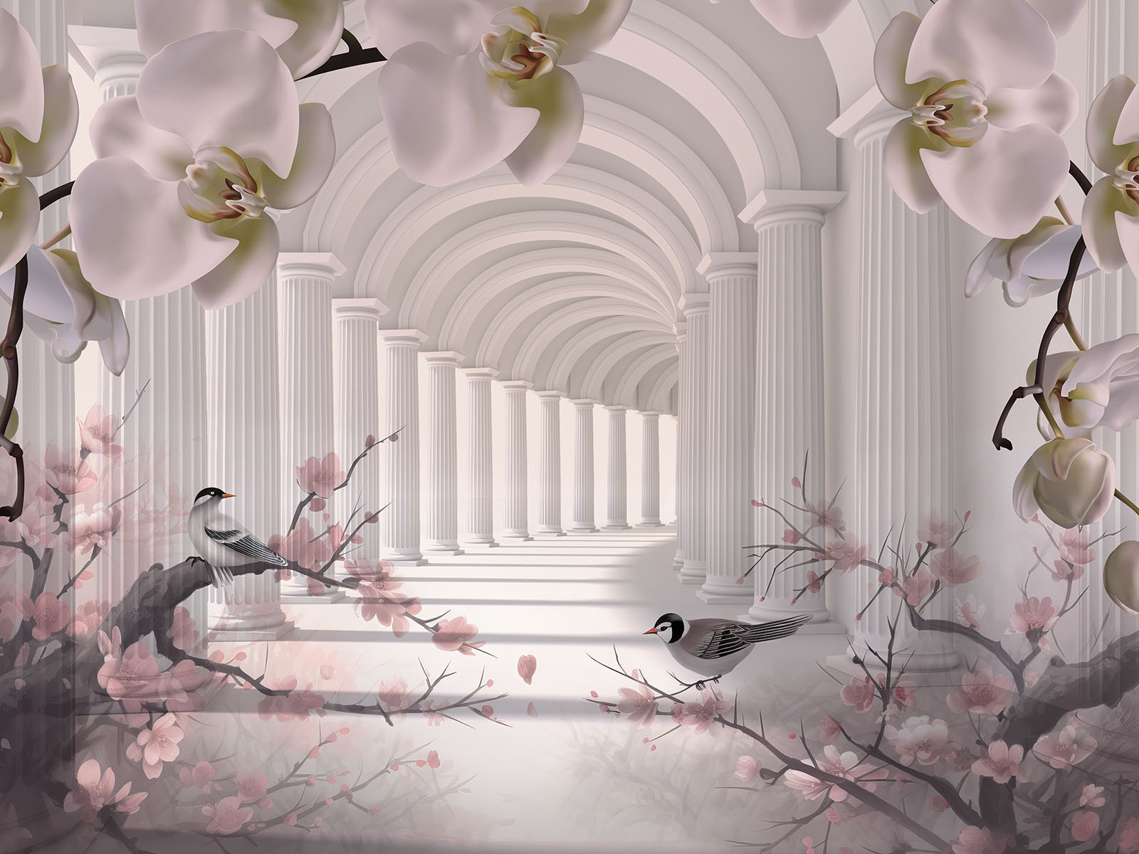 White archway with white columns and birds White archway with white columns and birds
