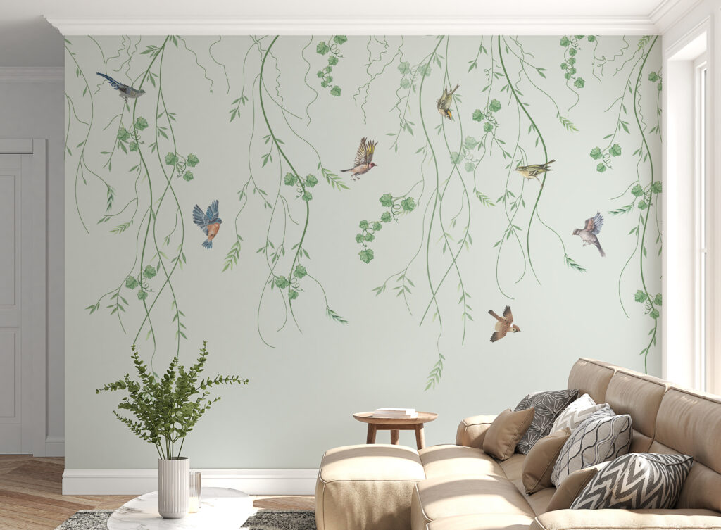 Wallpaper with birds and vines