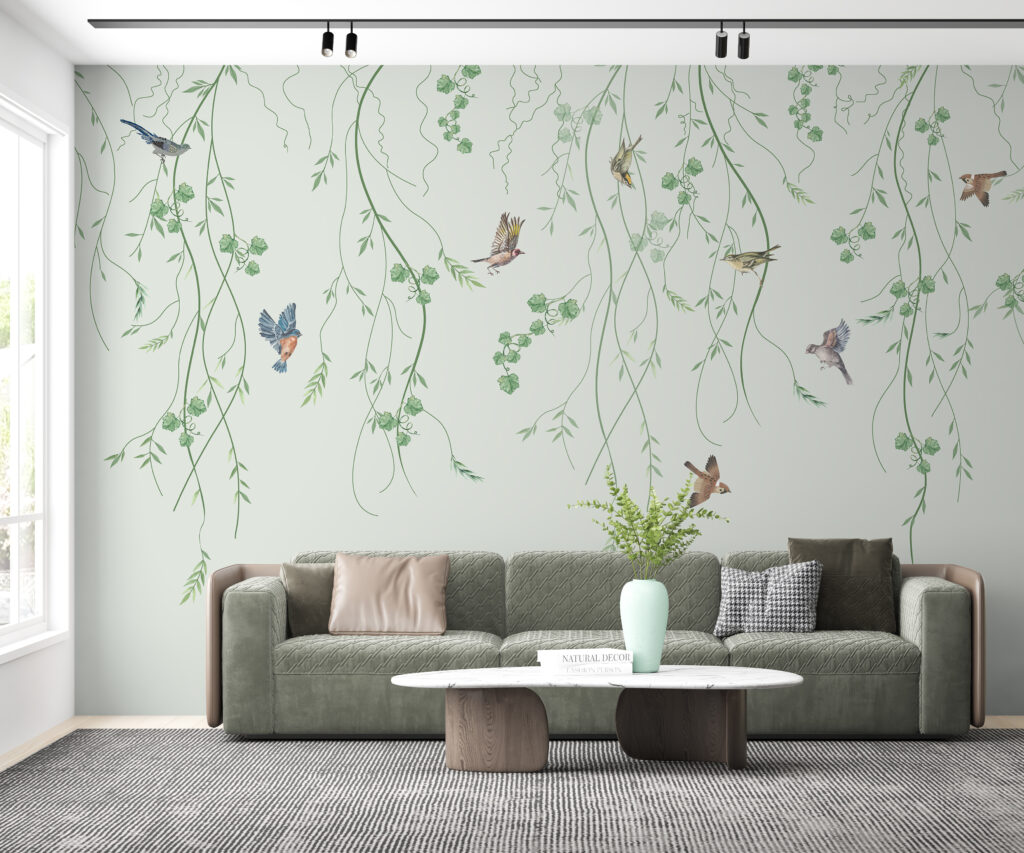 Wallpaper with birds and vines