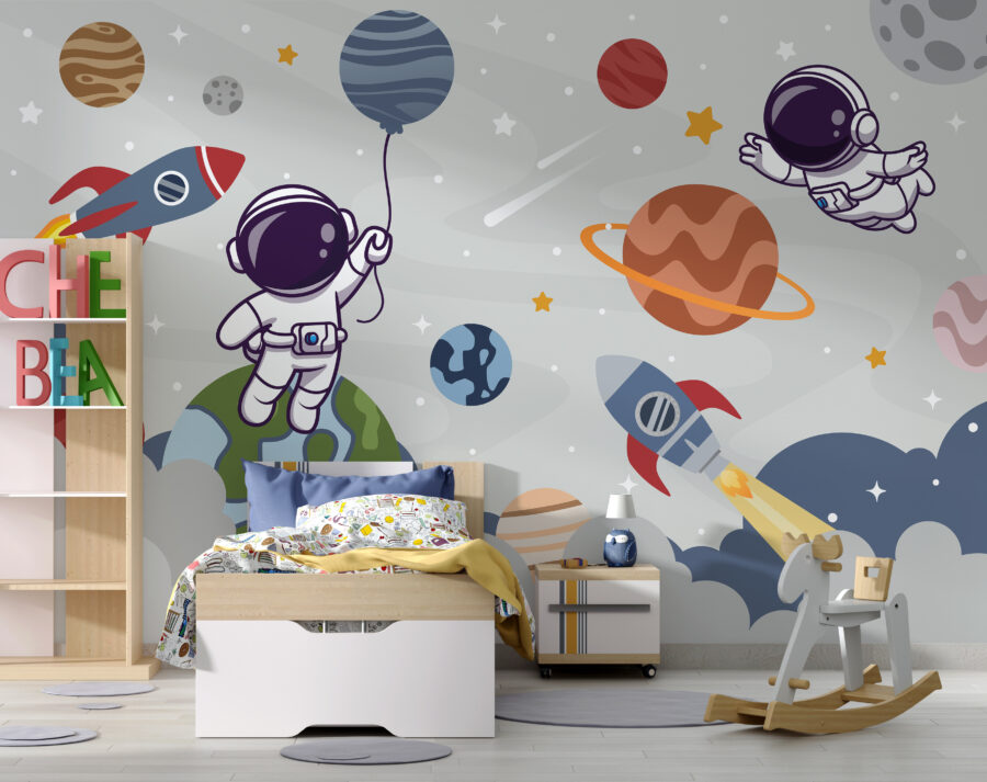 Cartoon astronaut in space with planets and rocket flying in the sky