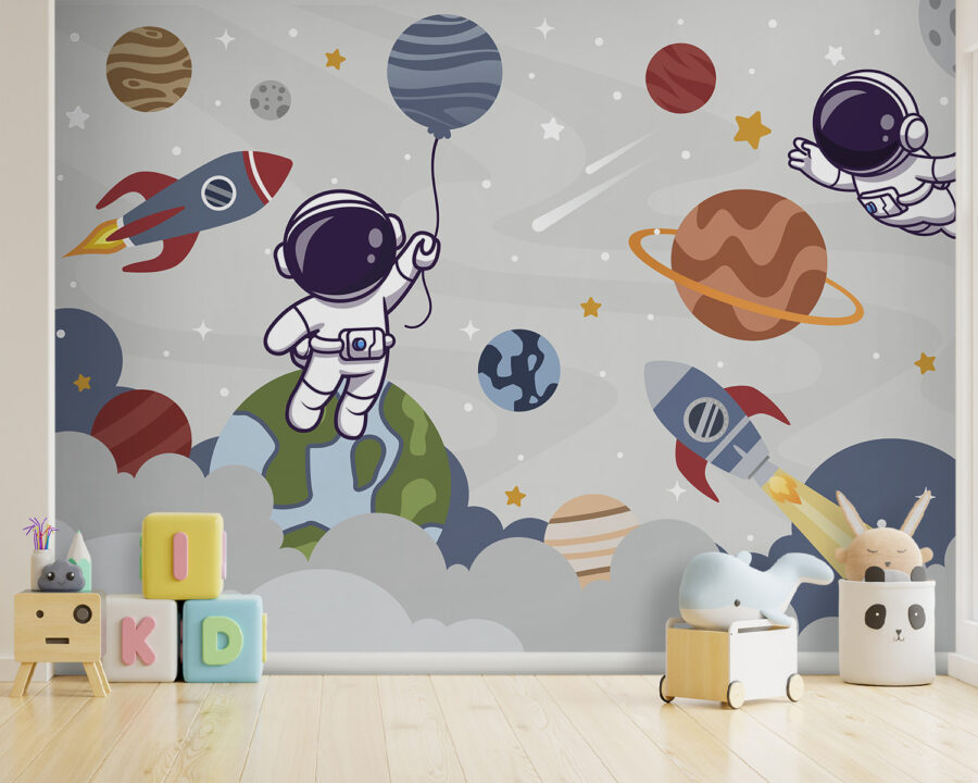 Cartoon astronaut in space with planets and rocket flying in the sky