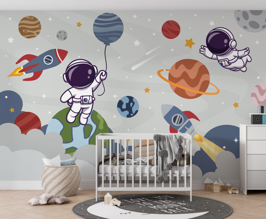 Cartoon astronaut in space with planets and rocket flying in the sky