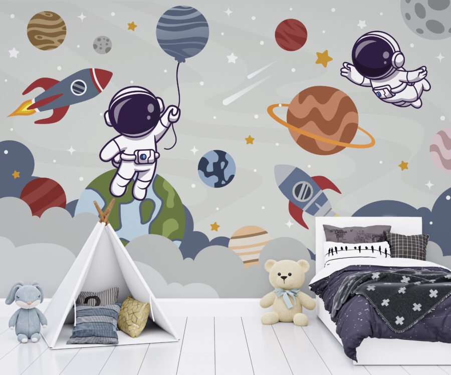 Cartoon astronaut in space with planets and rocket flying in the sky