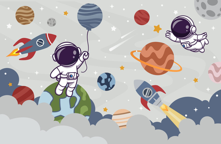 Cartoon astronaut in space with planets and rocket flying in the sky