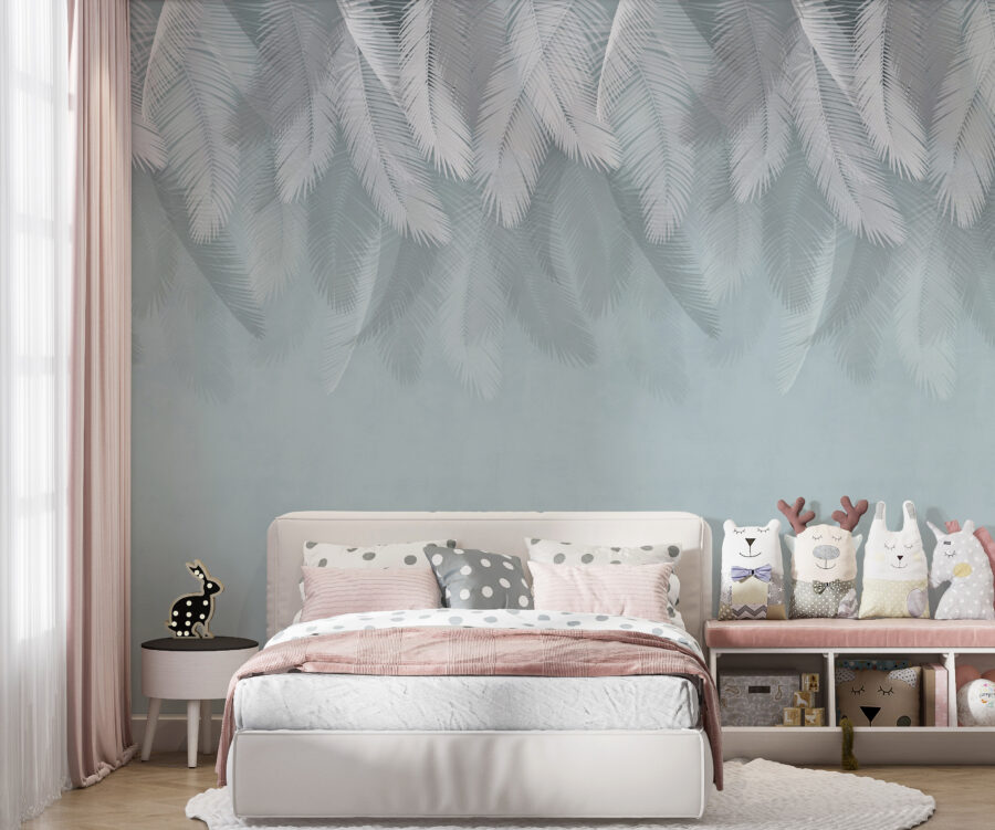 White feathers on a blue background
