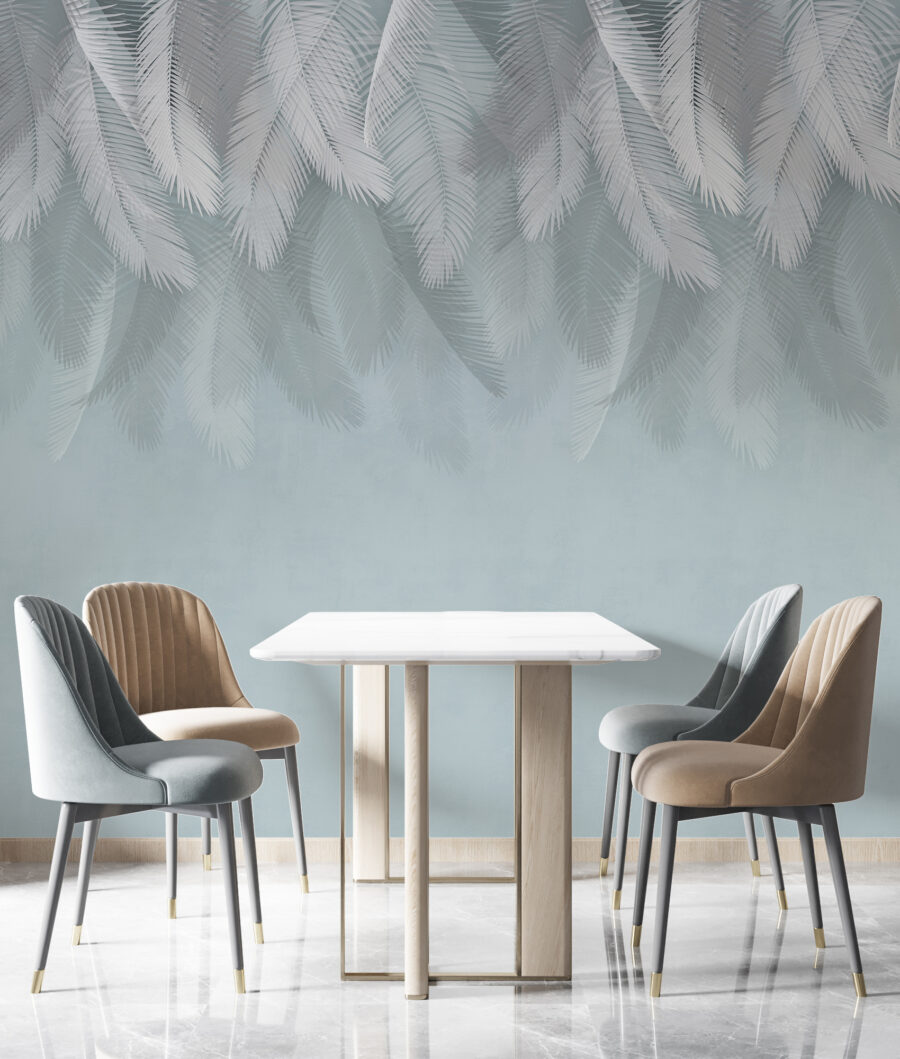 White feathers on a blue background