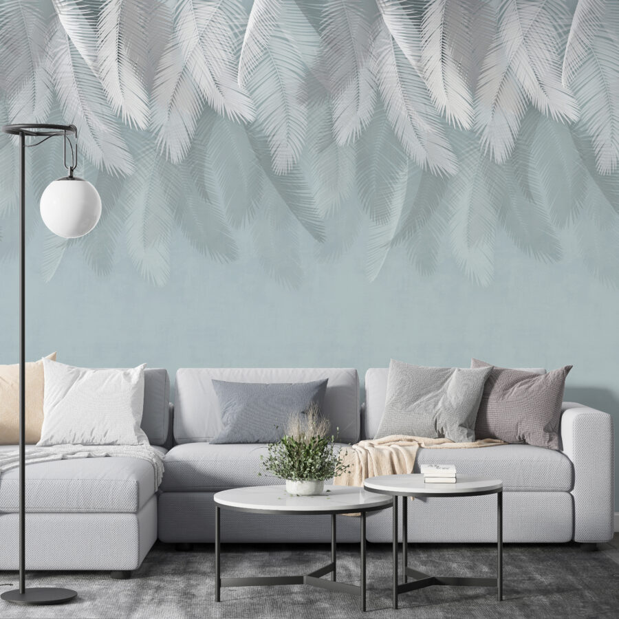 White feathers on a blue background