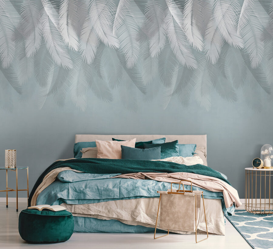 White feathers on a blue background