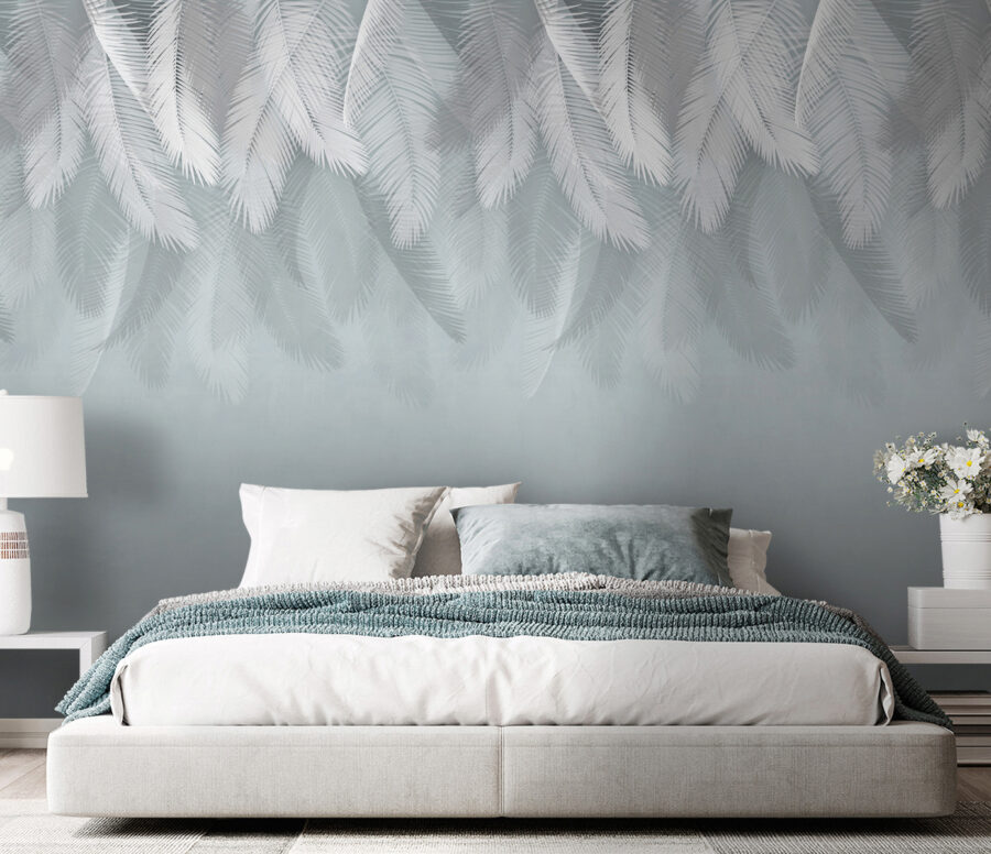 White feathers on a blue background