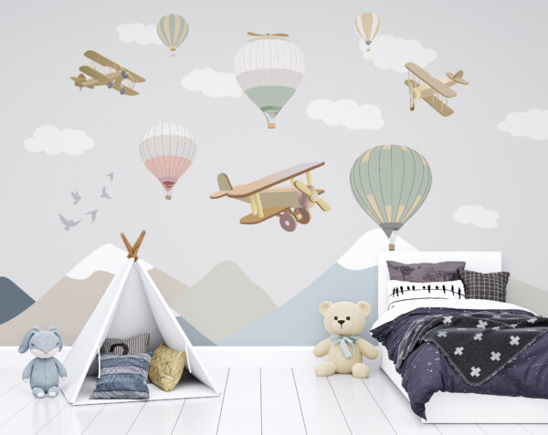 Group of hot air balloons and airplanes Group of hot air balloons and airplanes