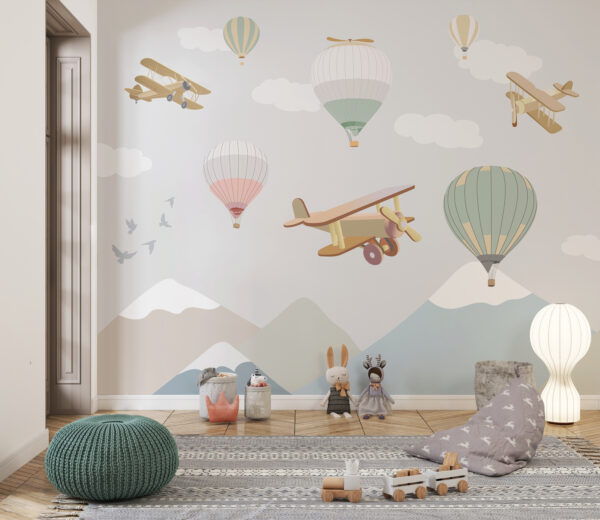 Group of hot air balloons and airplanes Group of hot air balloons and airplanes