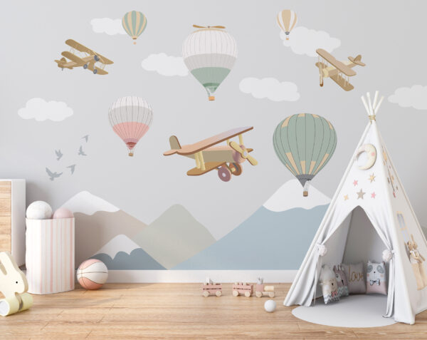Group of hot air balloons and airplanes Group of hot air balloons and airplanes