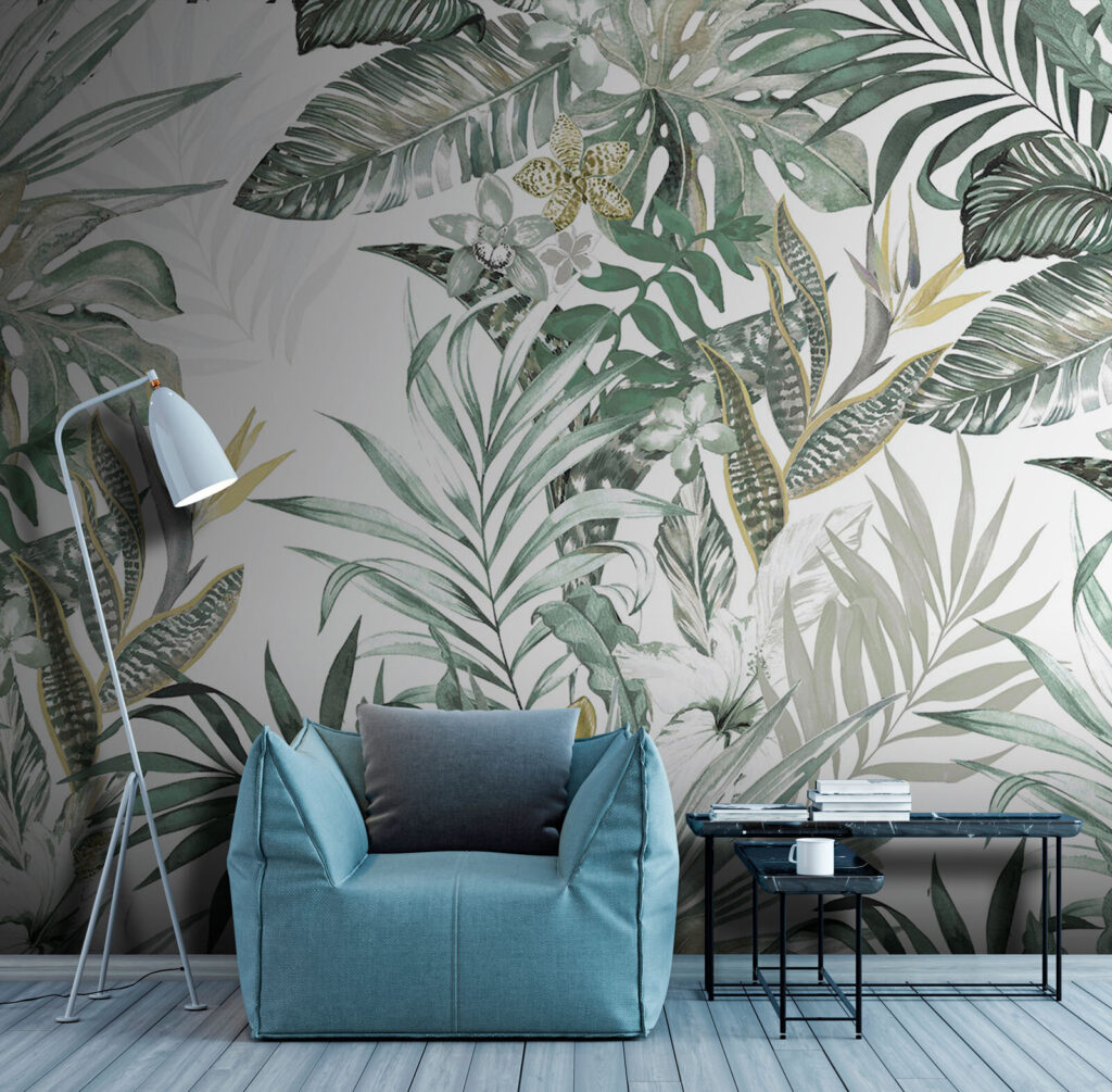 Wallpaper with leaves and flowers