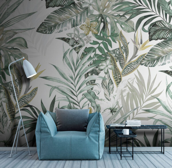 Wallpaper with leaves and flowers