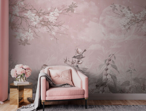 Pink background with birds and flowers Pink background with birds and flowers