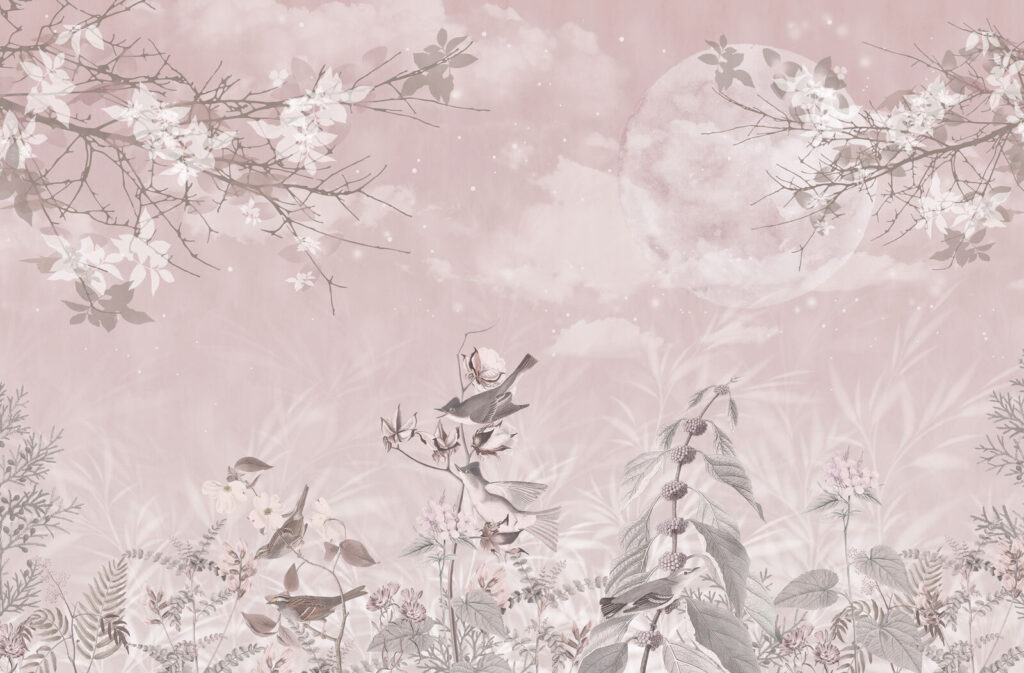 Pink background with birds and flowers Pink background with birds and flowers
