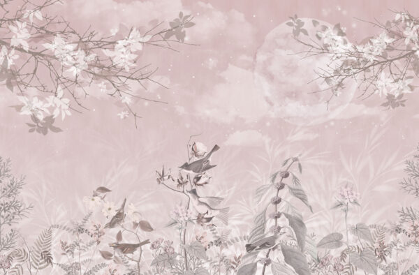 Pink background with birds and flowers Pink background with birds and flowers