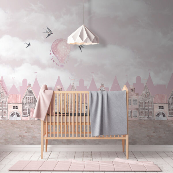 Pink and white cityscape with pink balloons and birds flying u94128pir2 600x600 - Pink and white cityscape with pink balloons and birds flying