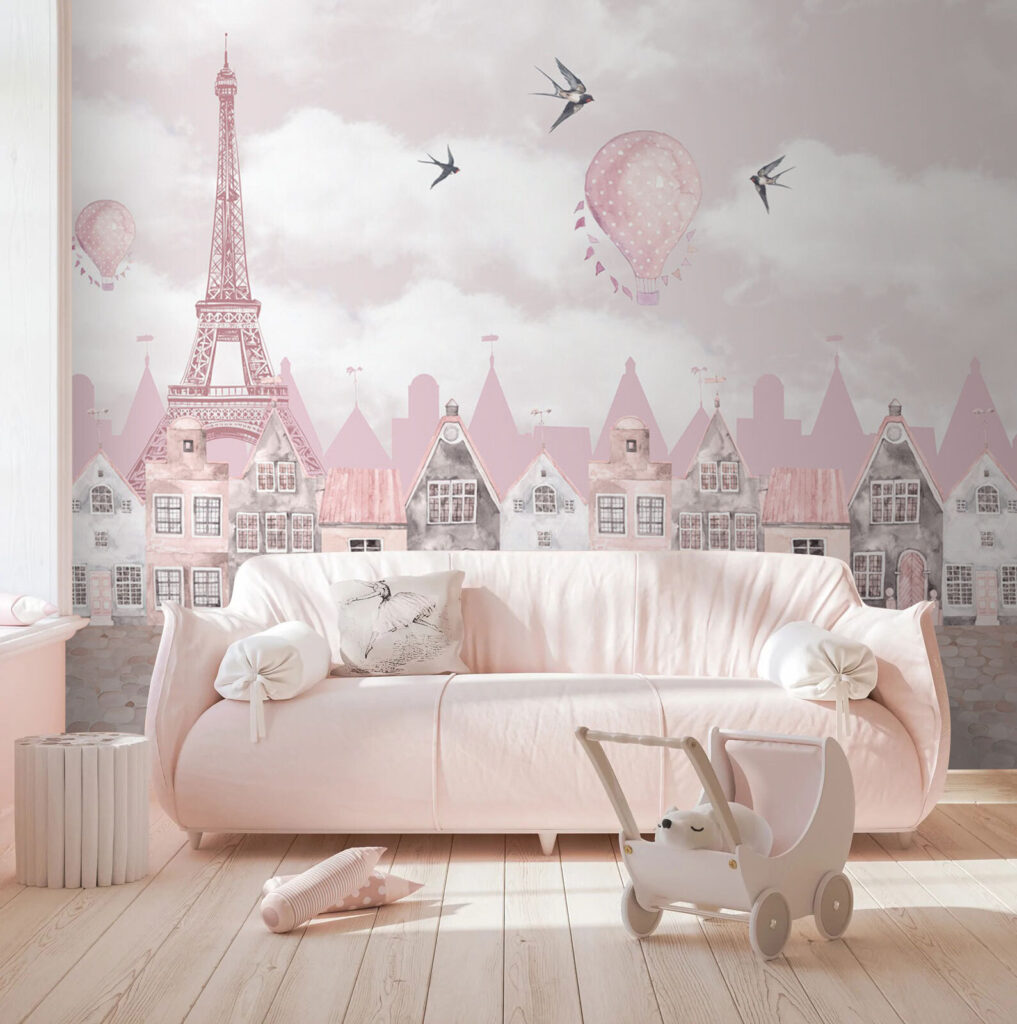 Pink and white cityscape with pink balloons and birds flying u94128pir1m 1017x1024 - Pink and white cityscape with pink balloons and birds flying