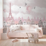 Wall murals Pink and white cityscape with pink balloons and birds flying