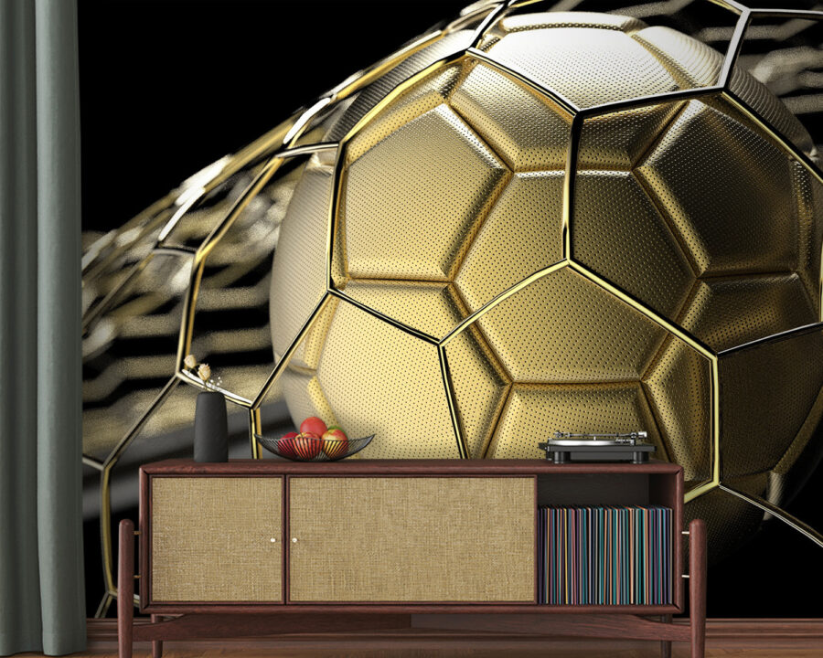 Gold football ball in a net