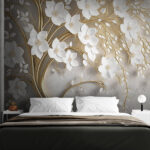 Wall murals Tree with white flowers and leaves