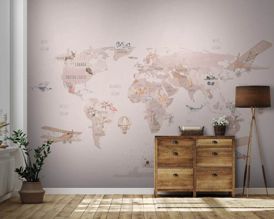Map of the world with airplanes and polar bears