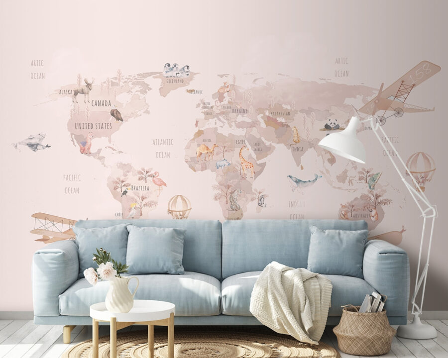 Map of the world with airplanes and polar bears
