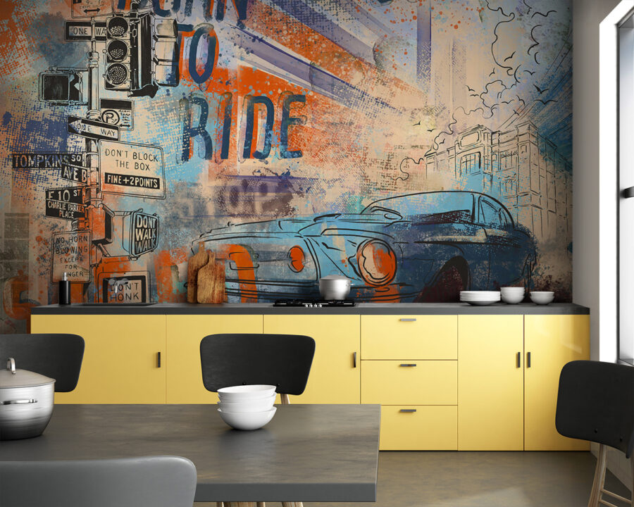 Painting of a car and street signs Painting of a car and street signs