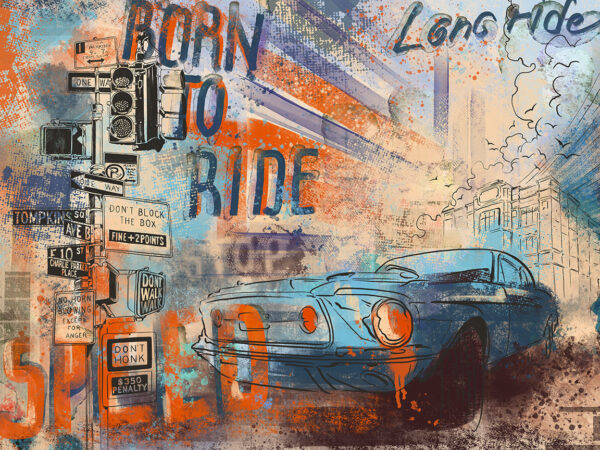Painting of a car and street signs Painting of a car and street signs