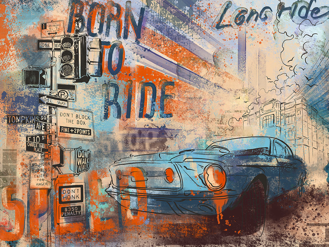 Painting of a car and street signs Painting of a car and street signs