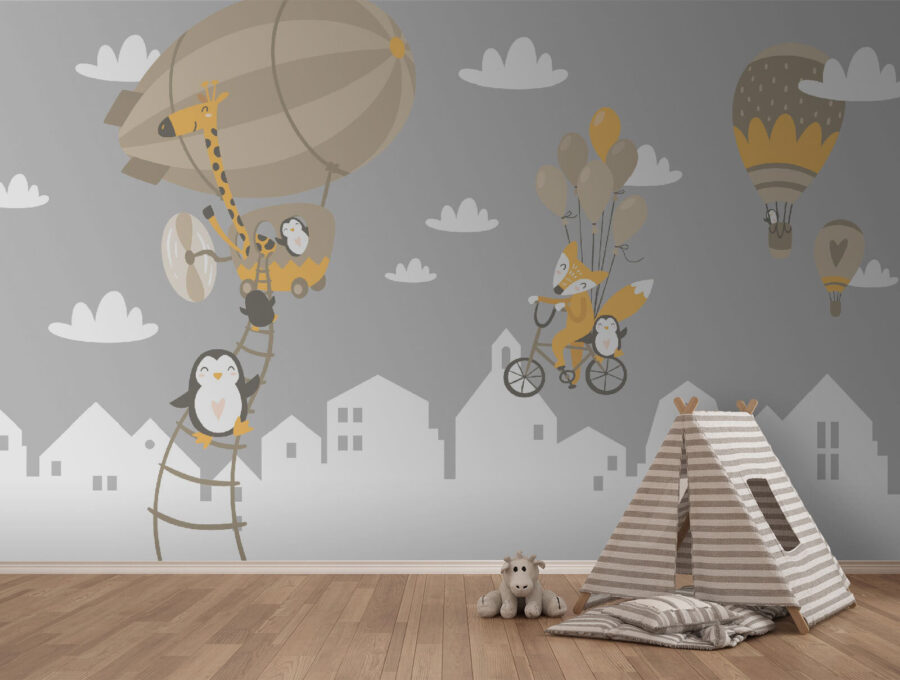 Cartoon animals riding a bike and a balloon Cartoon animals riding a bike and a balloon