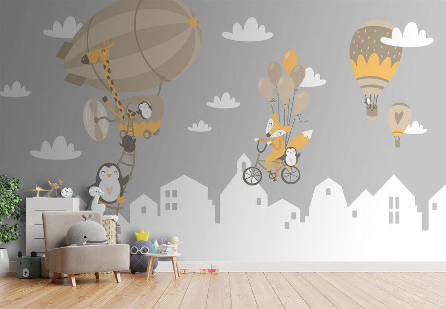 Cartoon animals riding a bike and a balloon Cartoon animals riding a bike and a balloon